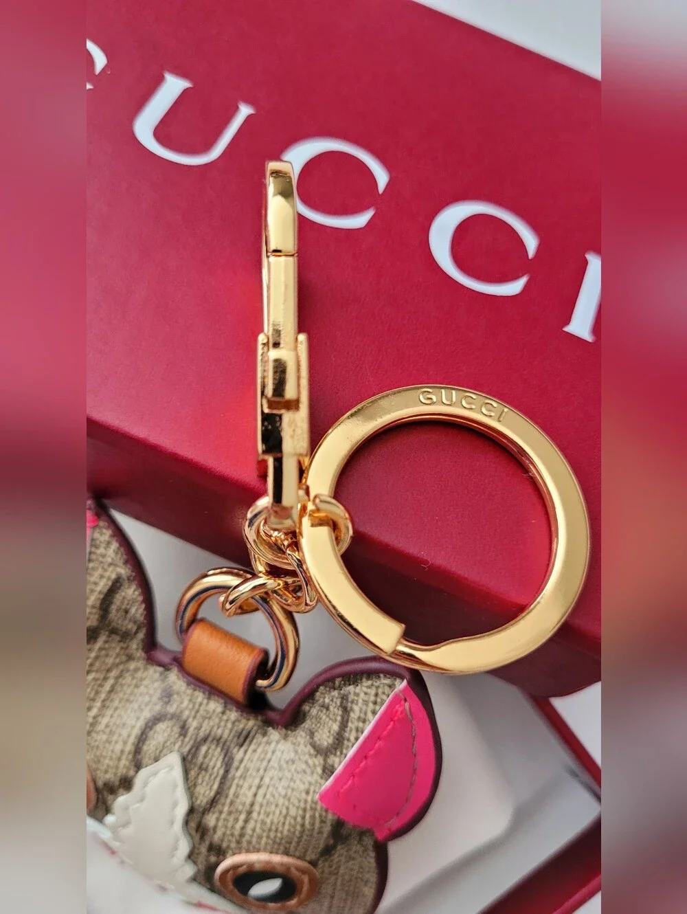 🇮🇹 Gucci Brown & Pink✨️ Cat Face Keyring✨️ with Gold Hardware🇮🇹